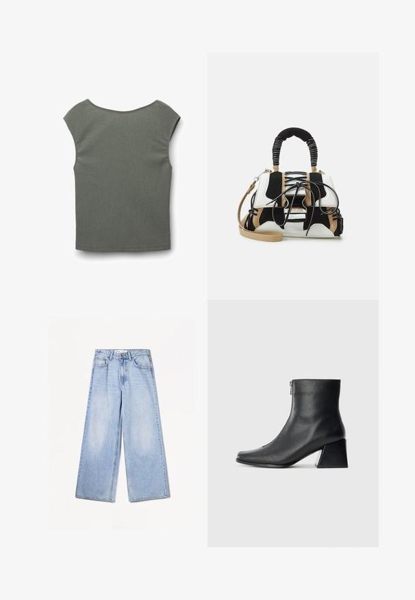 Krótki rękaw, bluzka w stonowanej zieleni, o teksturowanej tkaninie z szerokim, zaokrąglonym dekoltem i subtelnym wzorem poziomych żeberek.; Bershka WIDE jasnoniebieski denim; Czarne skórzane botki za kostkę z kwadratowym noskiem, bocznym zamkiem błyskawicznym i słupkowym obcasem na jasnym tle.; Torebka w wielu kolorach z czarną, białą i beżową siateczką. Posiada teksturowany uchwyt, wiązane zapięcie oraz odpinany pasek na ramię.