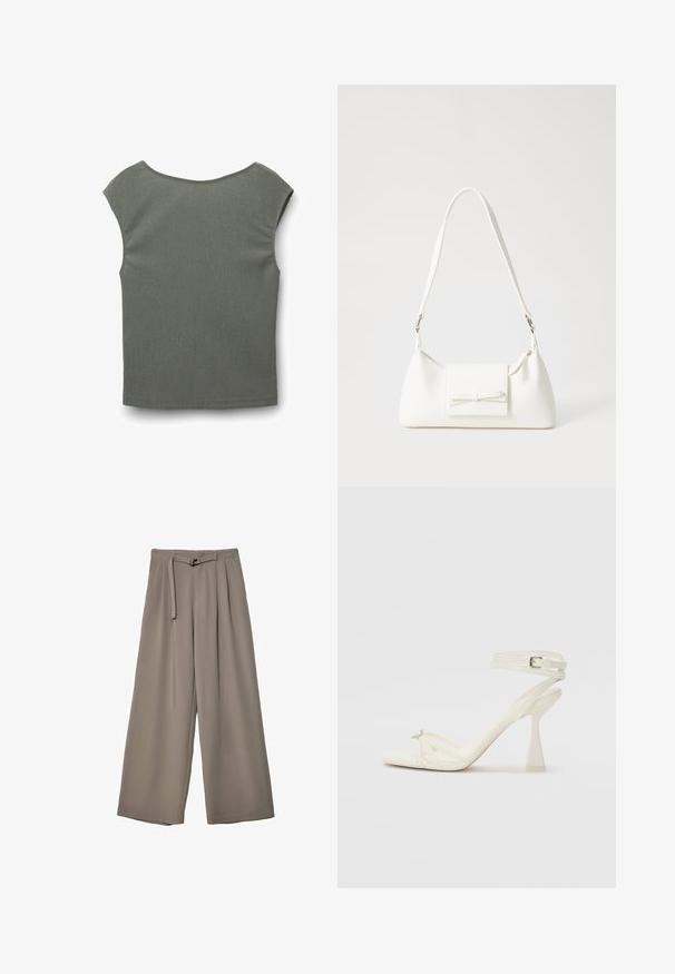 Kurzärmeliges Oberteil in gedämpftem Grün, aus strukturiertem Stoff mit einem weiten, runden Ausschnitt und subtilen horizontalen Rippenmustern.; Weite Hose aus einem weichen, gedämpften grauen Stoff, mit einem taillierten Bund und Falten für zusätzliche Design-Details. Glatte Textur, keine Muster.; Sandaletten aus weißem Leder mit hohen Absätzen, schlankem Design, transparentem Blockabsatz und einem dekorativen Element an der Zehe.; Weiße synthetische Handtasche in dreieckiger Form, flache Vorderklappe und Schleifendetail, verstellbarer Trageriemen, glatte Textur und minimalistisches Design.