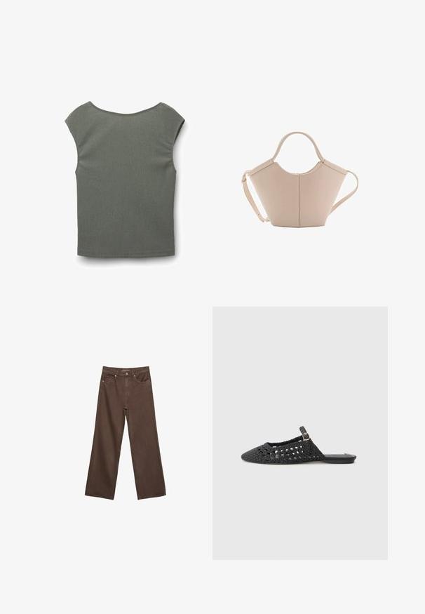Kurzärmeliges Oberteil in gedämpftem Grün, aus strukturiertem Stoff mit einem weiten, runden Ausschnitt und subtilen horizontalen Rippenmustern.; Weite braune Jeans aus Denim, mit hoher Taille, Fronttaschen und klassischem Knopfverschluss. Glatte Textur mit feinen Nähten.; Schwarzer gewebter Slingback-Schuh mit spitzem Zehenbereich, strukturiertem Material, seitlichem Schnallen-Detail und flacher Sohle.; Beige Lederhandtasche mit einer einzigartigen Form, die zwei kurze Henkel und einen langen verstellbaren Riemen aufweist. Glatte Textur mit minimalen Hardware-Elementen.