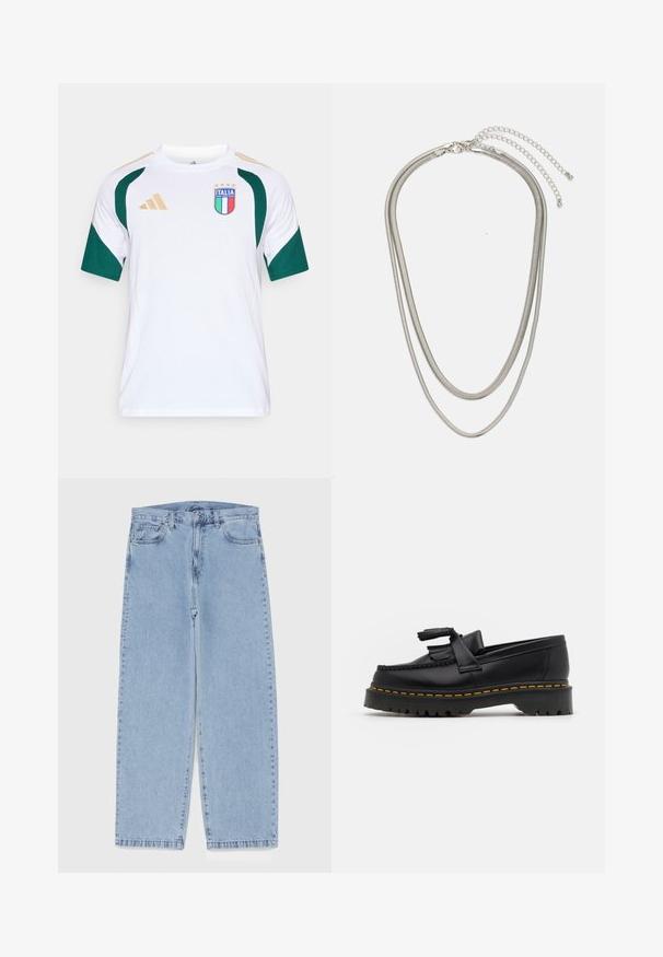 Weißes Sport-T-Shirt mit kurzen Ärmeln und grünen Akzenten, mit einem blauen und roten Logo mit der Aufschrift "ITALIA" und vier goldenen Sternen sowie goldenen Schulterstreifen.; Hellblaue Jeans aus Denim mit geradem Bein, ausgestattet mit einer mittelhohen Taille, fünf Taschen sowie einem Knopf- und Reißverschluss.; Schwarze Lederloafers mit einem fransenverzierten Akzent, ausgestattet mit einer robusten schwarzen Sohle und gelber Naht entlang der Kante. Texturierte Oberfläche.; Dreischichtige Halskette aus Silbermetall mit schlanken, flexiblen Ketten mit leichtem Glanz, gesichert mit einem Karabinerverschluss und verstellbarer Kette.