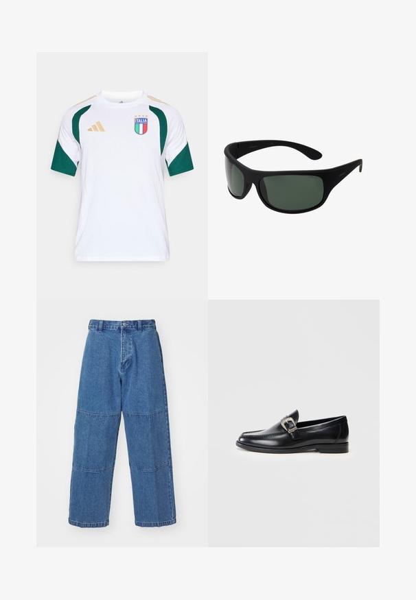 Camiseta deportiva blanca de manga corta con detalles en verde, que presenta un logo azul y rojo con la palabra "ITALIA" y cuatro estrellas doradas, además de rayas doradas en los hombros.; Pantalones de mezclilla azul claro con un corte relajado, que presentan dos paneles de tela distintos, un cierre de botón en la parte delantera y perneras anchas.; Mocasines de cuero negro con punta redonda, costuras detalladas, un acento de hebilla de plata y un tacón bajo. Textura suave con un acabado pulido.; Gafas de sol envolventes negras con lentes verde oscuro. Acabado mate, diseño curvado, con brazos rectos y sutil marca en el lateral.