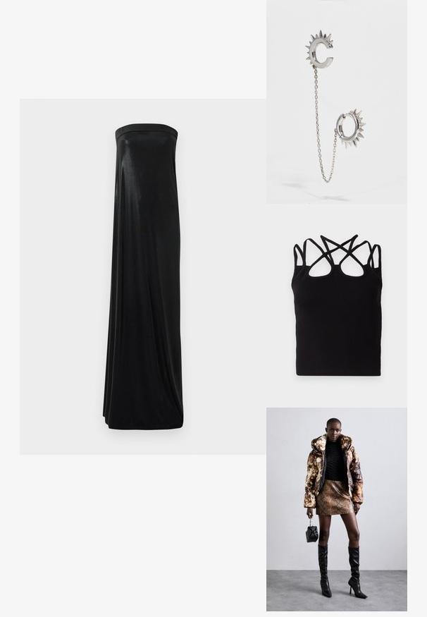 Must beebi mustriga top, millel on seljas mitmeid ristatud rihmasid. Kanga pind on sile, keha külge järgnev ja ümmargune kaelus.; Must have rihmatu maksi kleit, mis on valmistatud siledast, läikivast kangast. Omab õhulist bodi ja voogavat siluetti, ulatudes põrandani ilma kaunistusteta.; Põuejope pruuni ja musta mustriga, kokku sobitatud pruuni madu nahast mini-seelikuga, mustade reie kõrguste saapadega ja väikese musta kotiga.; Must värvi nahast käekott, millel on kaarjas disain, hõbedased nupukesed, kinnitusahe ja kaks külgtaskut. Reguleeritav rihm erinevate kandmisvõimaluste jaoks.; Hõbedased kõrvarõngad, millel on okkaline disain; üks kõrvarõngas on C-kujuline, mille on ketiga seotud okkaline ümar rõngas.