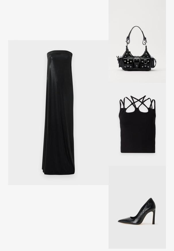 Schwarzes geripptes Tanktop mit mehreren überkreuzten Trägern auf der Rückseite. Der Stoff ist glatt, hat eine figurbetonte Silhouette und einen runden Ausschnitt.; Schwarzes, trägerloses Maxikleid aus glattem, glänzendem Stoff. Es hat ein figurbetontes Oberteil und eine fließende Silhouette, die den Boden erreicht, ohne Verzierungen.; Schwarzer, spitz zulaufender High Heel mit Krokodilleder-Struktur, elegantem Design, hohem Stiletto-Absatz und glattem schwarzen Innenraum.; Schwarze Lederhandtasche mit einem geschwungenen Design, verziert mit silbernen Nieten, einer Schnalle und zwei seitlichen Taschen. Verstellbarer Träger für verschiedene Tragemöglichkeiten.