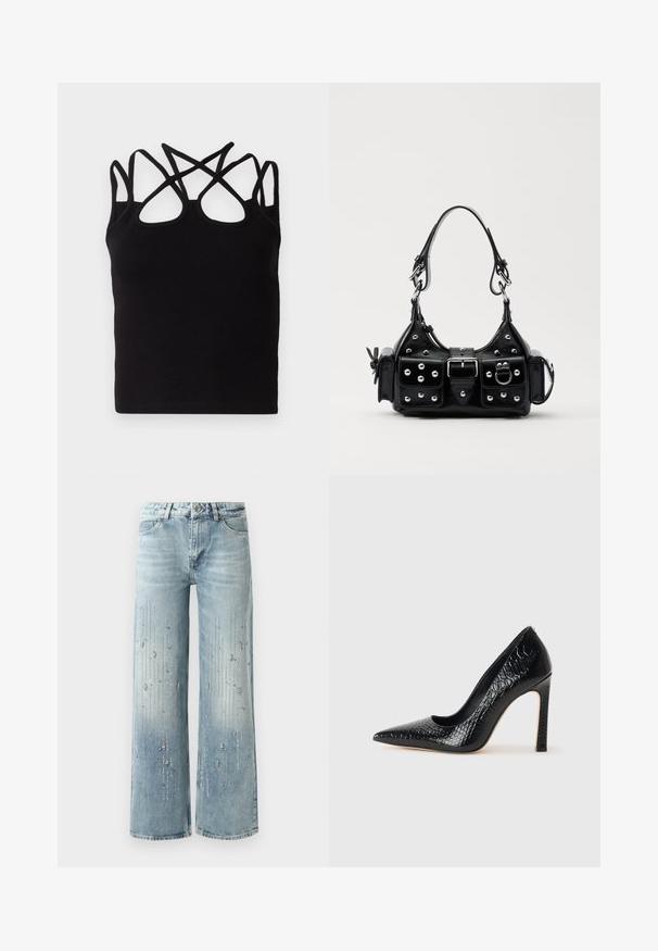 Top nero a coste con molteplici bretelle incrociate sul retro. Il tessuto è liscio, con una silhouette aderente e un collo rotondo.; Jeans larghi di denim di colore azzurro chiaro, con un effetto sfumato e decorazioni di strass argentati disposti in un motivo verticale.; Scarpa nera con punta a punta alta in pelle di coccodrillo, caratterizzata da un design elegante, alto tacco a spillo e interno nero liscio.; Borsa a mano in pelle nera con design curvo, caratterizzata da borchie argentate, una fibbia e due tasche laterali. Tracolla regolabile per diverse opzioni di trasporto.