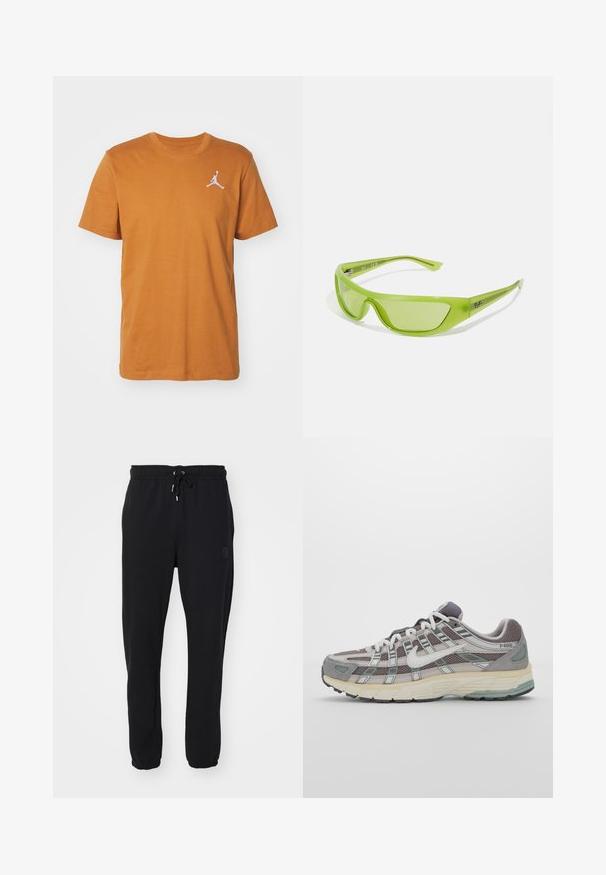 Jordan JUMPMAN CREW - Basic póló - desert bronze/white; Fekete sportnadrág rugalmas derékkal és állítható zsinórral, zárttal, finoman logóval az oldalon.; Szürke sportcipő, hálós és velúr felsőrésszel, fehér részletekkel, párnázott talppal és jellegzetes dizájnnal, amely visszaverő elemeket tartalmaz.; Zöld napszemüveg, aerodinamikus, körbefutó dizájnnal. Könnyű műanyagból készült, árnyékolt lencsékkel és diszkrét logóval a szárakon.; Háromrétegű ezüstszínű fém nyaklánc, letisztult, rugalmas láncokkal, enyhe fényességgel, homárkapoccsal rögzítve és állítható lánccal.