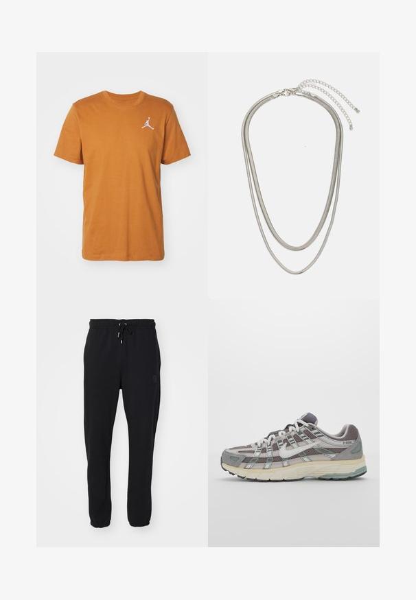 Jordan JUMPMAN CREW - Tricou basic - desert bronze/white; Pantaloni de trening negri cu talie elastică și șnur ajustabil, având glezne strânse și un logo subtil pe lateral.; Pantofii sport gri sunt realizați dintr-un amestec de plasă și piele întoarsă, cu accente albe, o talpă bine îmbrăcată și un design distinctiv cu elemente reflectorizante.; Colier din metal argintiu în trei straturi, cu lanțuri elegante și flexibile, cu un ușor luciu, asigurat cu un închizător de tip homar și un lanț ajustabil.