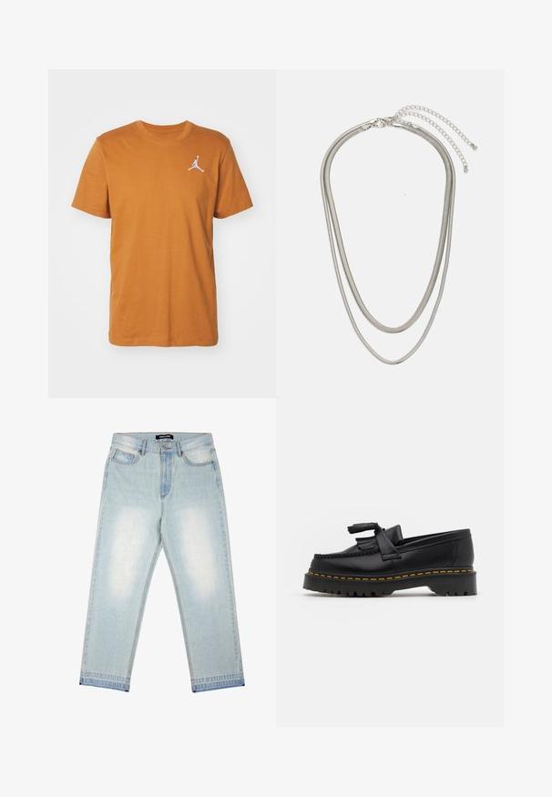 Jordan JUMPMAN CREW - Basic T-shirt - desert bronze/white; Pegador BARROW - Loose Jeans - sand washed blue; Black leather loafer with a tasseled accent, featuring a chunky black sole and yellow stitching along the edge. Textured finish.; Three-layered silver metal necklace featuring sleek, flexible chains with a slight sheen, secured with a lobster clasp and adjustable chain.