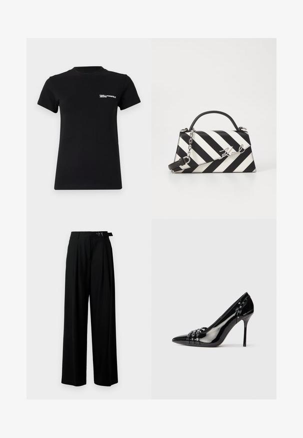 Black t-shirt made of cotton; features short sleeves, a round neckline, and a white logo on the left chest area. Smooth texture.; Black wide-leg trousers with a high waist, pleats at the front, and a belt featuring a buckle. Made from smooth, lightweight fabric.; Black patent leather stiletto heel shoe with pointed toe, three decorative straps with studs, and "Karl Lagerfeld" branding on heel.; Black and white striped handbag with a structured shape, featuring a top handle, a detachable chain strap, and metallic logo accent.