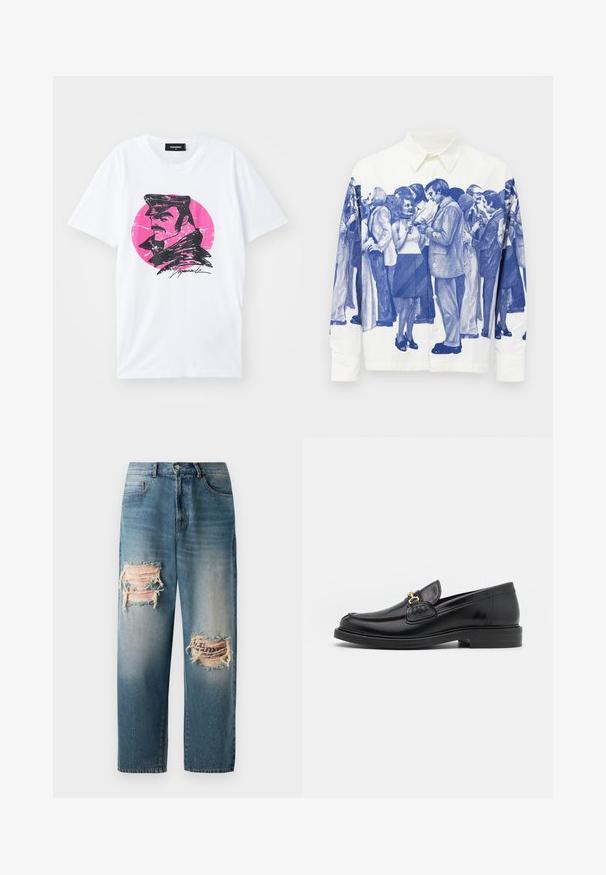 Bela bombažna majica z grafičnim tiskom črnega moškega v kapici na roza krožni podlagi z uničenim učinkom.; Bela srajca z gumbi, tiskana z modrim vintage motivom množice ljudi, ki se družijo in držijo pijače.; Sveto modri kavbojki z ohlapnim krojem, ki imata na sprednji strani dva potrgana dela s strgano obrobo in bledenjem.; Črne usnjene loafers čevlje z zaobljenim prstom, ki imajo zlat nakit in podrobnosti šivanja, postavljene na nizko, teksturirano gumijasto podplat.