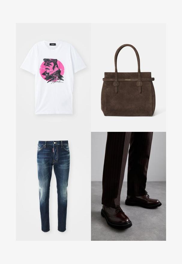 T-shirt en coton blanc avec une illustration graphique noire d'un homme portant une casquette sur un fond circulaire rose avec un effet vieilli.; Jean en denim bleu foncé à coupe slim, avec des zones décolorées sur les cuisses et les genoux, cinq poches et une fermeture à bouton en métal.; Chaussures en cuir marron à lacets avec une finition brillante, semelle en caoutchouc noire et coutures discrètes. Portées avec un pantalon marron à rayures.; Sac fourre-tout en suède marron foncé avec des anses doubles et une sangle horizontale surmontée d'une petite plaque en or portant le logo DSQUARED2.