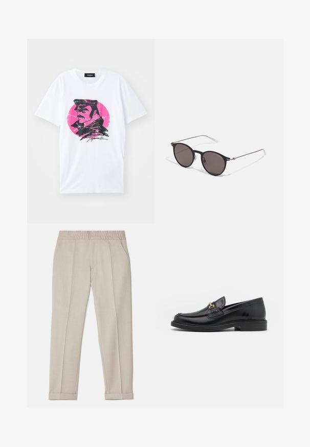 Hvit bomulls T-skjorte med en svart grafisk illustrasjon av en mann med caps mot en rosa sirkulær bakgrunn med en slitt effekt.; Filippa K TERRY CROPPED TROUSERS - Bukse - sage melange; Sorte skinnloafers med rund tå, prydet med gullhardware og stingdetalj, plassert på en lav, teksturert gummisåle.; Sorte, runde solbriller med mørke linser og slanke metalarmer. Inkluderer klare temple tips og sølvfargede detaljer ved hengslet. Minimalistisk design.