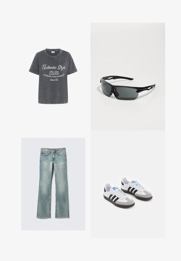 Kaffe VIA - T-shirt con stampa - black acid wash w chalk aop; Jeans in denim blu chiaro con leggera sbiaditura, cinque tasche, chiusura con bottone e gamba dritta, su sfondo bianco.; Scarpe sportive con tomaia in pelle bianca, punta in suede grigia e tre strisce nere. Presentano un logo blu sulla linguetta e una suola in gomma testurizzata.; Occhiali da sole sportivi neri con lenti curve, montatura in plastica leggera e tempie texturizzate. Design raffinato con pezzo nasale integrato.; Borsa a mano in pelle intrecciata nera con un design morbido, dotata di una tracolla annodata e di un piccolo chiodo decorativo in oro nella parte superiore.
