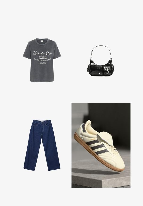 Kaffe VIA  - T-shirts print - black acid wash w chalk aop; Bredde ben mørkeblå denimjeans med knaplukning, fem lommer og kontrasterende hvid syning. Stoffet har en glat, let struktureret overflade.; Cremefarvede lædersneakers med tre mørke striber, en brun gummisål og en afrundet tå. Har en foldbar tunge mærket "SAMBA."; Sort patenteret læder håndtaske med en buet form, en skulderrem, frontlommer og hardware accenter i sølvfarve.