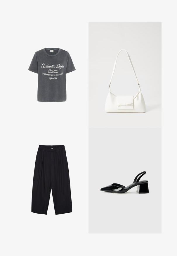 Kaffe VIA czarny; Czarne spodnie culotte z poliestru z elastycznym pasem, dwoma fałdami z przodu i luźnym krojem. Brak widocznych wzorów lub elementów metalowych.; Czarne lakierowane półbuty na obcasie z wydłużonym noskiem i geometrycznym słupkiem. Charakteryzują się eleganckim, minimalistycznym designem oraz gładką fakturą.; Biała syntetyczna torba o trójkątnym kształcie, płaskim przednim klapce i detalach w postaci kokardy, regulowanym pasku, gładkiej fakturze oraz minimalistycznym designie.