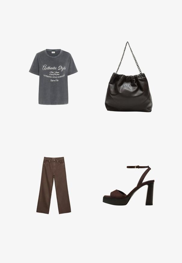 Kaffe VIA - Potiskana majica - black acid wash w chalk aop; Široke rjave kavbojke iz denima, ki imajo visok pas, sprednje žepe in klasično zapiranje na gumb. Gladka tekstura s subtilnim šivom.; Rjave semiš sandale z visoko peto, odprto spredaj, z nastavljivim gležnjenjem in črtastim podplatom.; Rjava usnjena torba z nabranim vrhom in verižnim trakom. Gladka tekstura z sijajno površino in subtilnimi šivi na straneh.