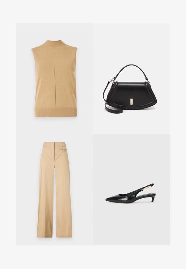 Ärmlös topp med hög hals i mjukt beige stickat tyg, med ribbat fåll och en mittsöm för extra detalj.; Beiga vida byxor i bomullsmix. Har en slät yta, elastisk midja och en sidoknappdetalj.; Svart läder slingback-hälar med spetsig tå, med en smal klack och en guldtonad detalj på den justerbara remmen. Slät textur.; Svart läderhandväska med en strukturerad design, som har en avskuren form, ett handtag upptill och guldiga detaljer. Justerbar axelrem ingår.