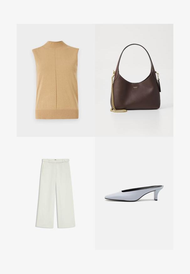 Sleeveless, high-neck top in soft beige knit fabric, featuring a ribbed hem and a center seam for added detail.; Wide-leg pants in light cream fabric, featuring side pockets, a flat front, and a single button closure at the waist. Smooth texture.; Light blue patent leather mule with a pointed toe, low transparent heel, and a sleek design featuring a cut-out at the vamp.; COACH BROOKLYN SHOULDER BAG 23 - Handbag - maple