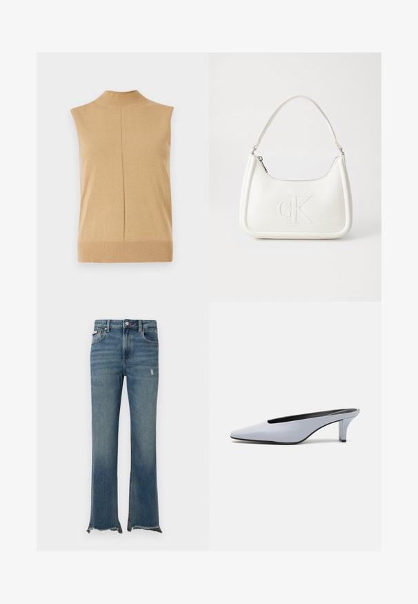 Sleeveless, high-neck top in soft beige knit fabric, featuring a ribbed hem and a center seam for added detail.; Blue denim jeans with slight distressing, raw frayed hems, front pockets, belt loops, and a button closure.; Light blue patent leather mule with a pointed toe, low transparent heel, and a sleek design featuring a cut-out at the vamp.; White leather handbag with a curved shape, featuring an embossed "CK" logo on the front and a single shoulder strap. Zipper closure at top.