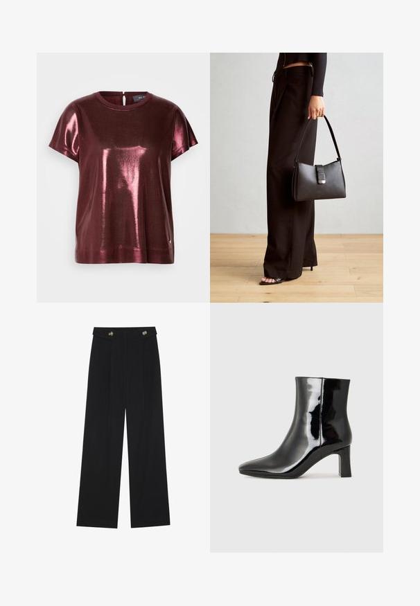 Kraťasový top z hlubokého burgundského metalického materiálu, s kulatým výstřihem a klíčovou dírkou vzadu. Diskrétní logo na lemu.; Černé široké kalhoty s vysokým pasem, detailní knoflíky na pase a přední záhyby.; Černé lakované kotníkové boty s špičatou špičkou a středně vysokým blokovým podpatkem. Hladká textura a minimalistický design.; Černá kabelka se strukturovaným tvarem, hladkým povrchem a kovovým uzávěrem. Kombinována s širokými černými kalhotami a sandály s otevřenou špičkou na dřevěné podlaze.
