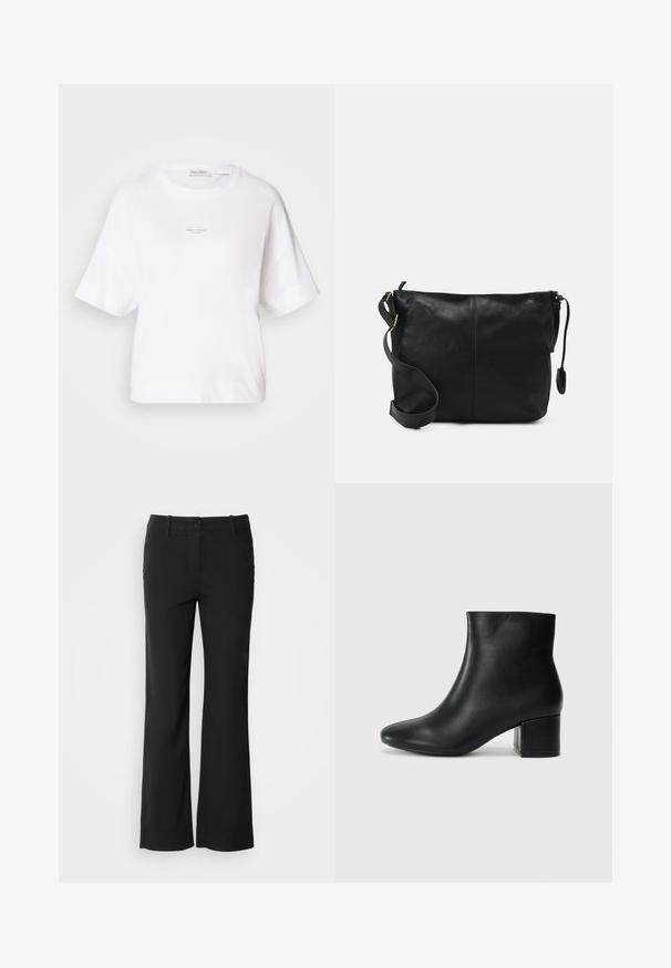 Bela oversize majica iz nežnega materiala, z okroglim izrezom in kratkimi rokavi. Majhna nalepka je natisnjena na sprednjem delu.; Črne hlače iz bombažne mešanice s ravnim krojem, sprednim gumbom in dvema stranskima žepoma. Gladek teksturiran material, brez vidnih vzorcev.; Črne usnjene gležnjarje s koničastim nosom in debelim peto. Gladka tekstura z minimalnimi detajli in eleganten, prilegajoč dizajn.; Črna usnjena torbica čez telo s ravno obliko, z zlatimi kovinskimi dodatki in nastavljivim trakom. Gladka tekstura z minimalnimi šivi.