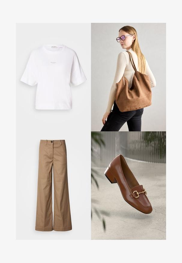T-shirt oversized branco feito de tecido suave, com decote redondo e mangas curtas. Pequeno logo impresso no centro da frente.; Calças de perna larga feitas de tecido liso e bege. Apresentam um fecho de botão na parte da frente, passantes para cinto e bolsos laterais. Linhas limpas, sem padrões visíveis.; Sandal com biqueira quadrada em couro patente castanho, com detalhe em corrente metálica e salto bloco baixo; textura suave, design minimalista.; Bolsa tote em camurça castanha com textura suave, grande abertura e alças longas. Apresenta um design simples com costuras visíveis e sem acessórios.