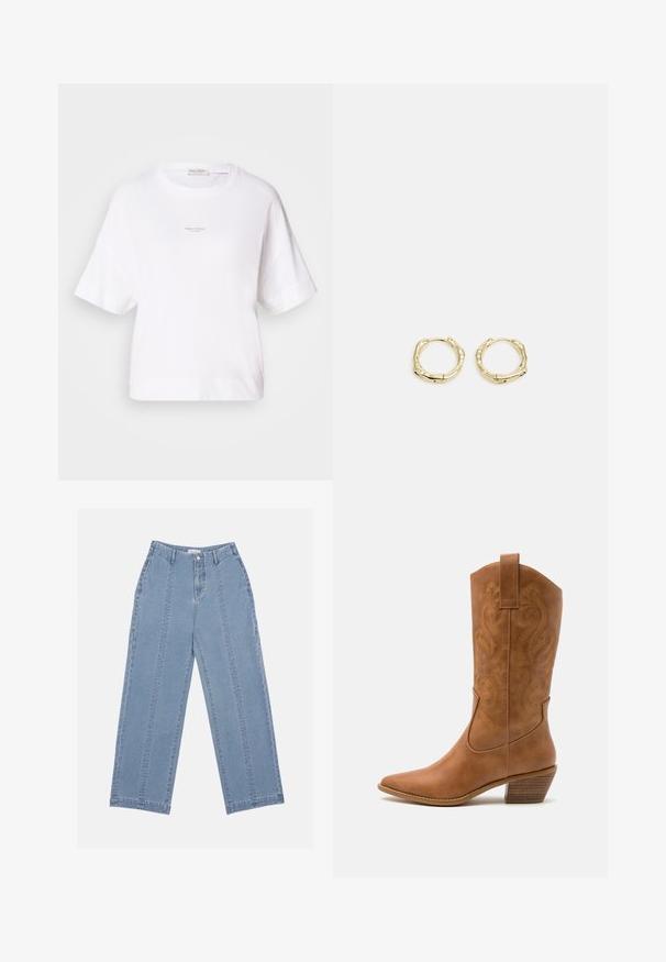 Valkoinen oversize-T-paita pehmeästä kankaasta, jossa on pyöreä kaula-aukko ja lyhyet hihat. Pienen logosuunnittelun printti etuosassa.; Vaaleansiniset leveät farkut, jotka on valmistettu denimistä. Ominaisuuksiin kuuluu korkea vyötärö, nappilukitus ja näkyvät saumat. Etupuolella ei ole näkyviä taskuja.; Ruskean nahkainen cowboy-saapas, jossa on terävä kärki, brodeeratut pyörteiset kuviot varressa ja kerroslohko korko. Varustettu nostonipulla helpottamaan pukemista.; Kultaiset renkaat, joissa on teksturoitu, epäsäännöllinen muoto. Varustettu saumattomalla suljinnalla ja kiillotetulla pinnalla, mikä korostaa modernia muotoilua.