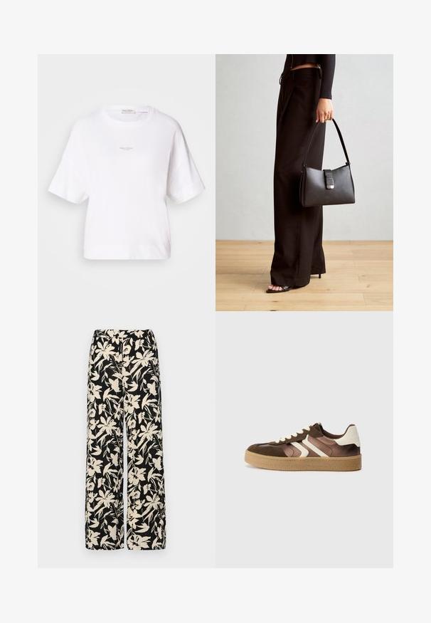 Hvid oversized t-shirt lavet af blødt stof, med rund halsudskæring og korte ærmer. Lille logo trykt i midten foran.; Sorte vide bukser med et mønster af cremefarvede blomster. Lavet af letvægtsstof, som har en glat tekstur og en høj talje.; Brune og creme sneakers med en kombination af ruskind og satin materialer, der har tre diagonale striber og en struktureret gummisål.; Sort håndtaske med struktureret form, glat overflade og metalspænde. Sammen med brede sorte bukser og sandaler med åben tå på trægulv.