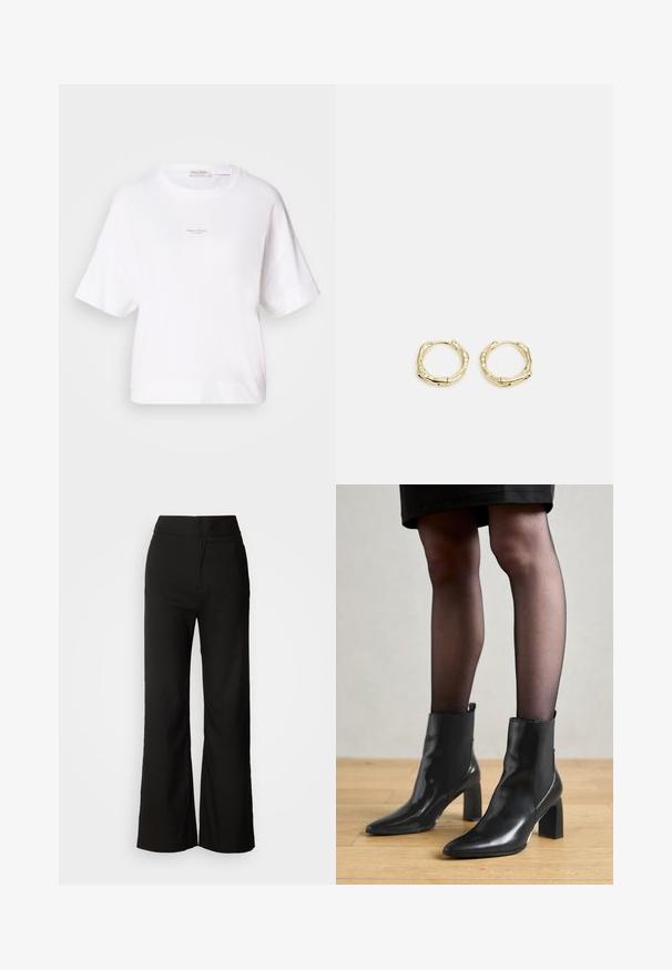 Bílé oversized tričko vyrobené z jemného materiálu, s kulatým výstřihem a krátkými rukávy. Malé logo vytištěné ve středu přední části.; Černé kalhoty se širokými nohavicemi, hladkou texturou, vysokým pasem a čistým designem. Bez viditelných kapes nebo ozdob.; Černé kožené kotníkové boty s špičatou špičkou, robustním čtvercovým podpatkem a elegantním designem. Obsahují elastické boční panely pro snadné obouvání.; Zlaté kruhové náušnice s texturovaným, nepravidelným tvarem. Disponují bezproblémovým uzávěrem a leštěným povrchem, což zdůrazňuje moderní design.