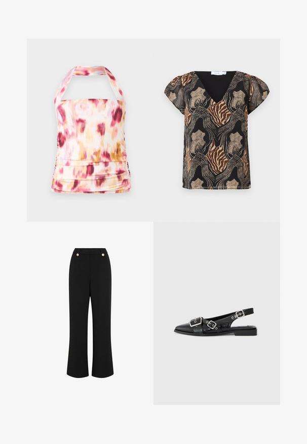Top z halter o vratu iz lahkega materiala s roza, rumeno in belo tie-dye vzorcem. Ima nabran detajl in prilegajoč silhueto.; Kratka bluzica s kratkimi rokavi, črna osnova, z večbarvnim abstraktnim vzorcem v zlatih, rjavih in bež odtenkih. Oblikovanje v obliki črke V z mehkimi teksturami.; Črne široke hlače z gladko teksturo, s poudarjenim pasom, dvema gumboma v zlatem odtenku in krojem po meri. Brez vidnih žepov.; Črne usnjene slingback čevlje s koničastim nosom, dvema srebrnima zaponkama in nizkim blokastim peto. Imajo teksturirano zgornji del in odprto zadnjo stran.