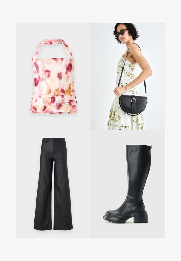 Top na halter s laganom tkaninom u ružičastoj, žutoj i bijeloj tie-dye uzorku. Ima nabran detalj i tijesni siluetu.; Crne široke hlače od umjetne kože. Imaju visoki struk, petlje za remen, dva prednja džepa i šivanu obradu.; Visoke crne kožne čizme s debelim platformskim đonom i blok petom, s patentom za povlačenje i teksturiranim uzorkom na potplatu.; Crna kožna torba s lukovitim oblikom, odvojivim remenom i zlatnim detaljima. Torba ima preklop s kopčom.