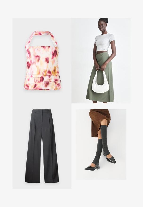 Halterneck-top van lichtgewicht stof met een roze, gele en witte tie-dye patroon. Kenmerkt zich door gathered details en een getailleerde pasvorm.; Wijde broek in donkergrijze stof, met een hoge taille, enkele plooien en een gladde textuur met een nette afwerking aan de zoom.; Zwarte gepatineerde leren pumps met een puntige neus, een blokhak en een enkelbandje, gecombineerd met grijze geribde beenwarmers en een bruine suède rok.; Grijs geribbelde crop top en olijfgroene hoge taille rok. Model houdt een witte schoudertas met uitsparingen vast. Eenvoudig ontwerp, aansluitende silhouet.