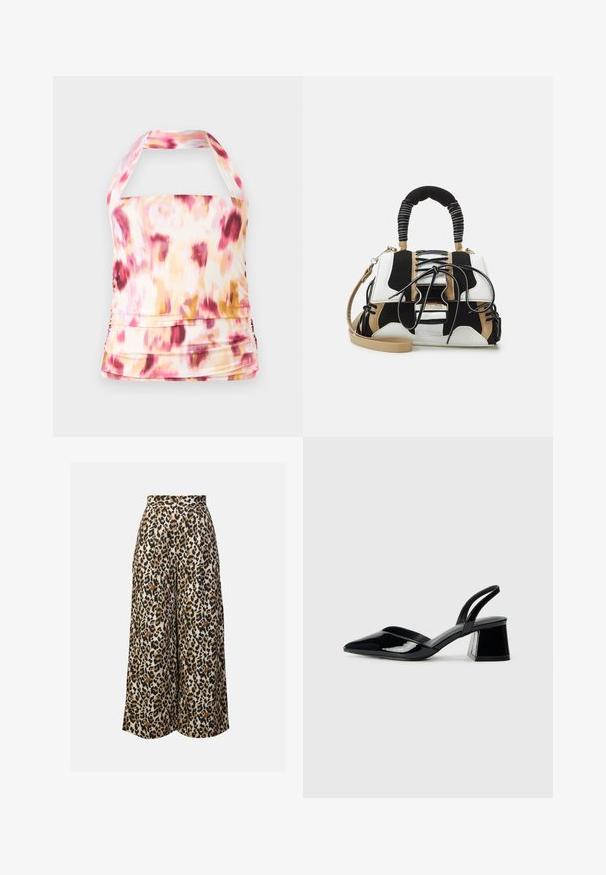 Top à col halter en tissu léger avec un motif tie-dye rose, jaune et blanc. Dispose de détails froncés et d'une silhouette ajustée.; Pantalons à jambes larges en imprimé léopard beige avec des taches noires et marron. Texture lisse, taille haute, design plissé et coupe pleine longueur.; Escarpins en cuir verni noir avec bout pointu et talon bloc géométrique. Présente un design élégant et minimaliste ainsi qu'une texture lisse.; Sac à main multicolore en maille noire, blanche et beige. Présente une poignée texturée, un design à lacets et une bandoulière amovible.