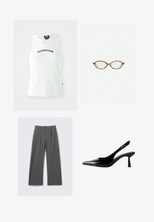 Valkoinen ribattu toppi V-pääntialla, jossa rintaan on painettu sana "DICKIES" paksuilla mustilla kirjaimilla. Ilman hihoja.; Harmaat raidalliset leveälahkeiset housut, joissa on etupleikkaukset ja vyölenkit, aseteltuna tasaisesti valkoista taustaa vasten.; Musta lakattu nahkasaapas, jossa on teräväkärkinen malli, leikattuja sivuja, säädettävä nilkkain ja ohut, virtaviivainen korko.; Kilpikonnakuosiset silmälasit, joissa on soikeat linssit ja tyylikäs, sileä pinta. Ominaisuudet: ohuet sivut, joissa on hienovarainen kaari temppeleissä. Kirkkaat linssit.; Punokas nahkainen olkalaukku, jossa on kaareva muotoilu, sileä pinta ja vetoketjuluukku. Laukussa on ohut kantohihna.