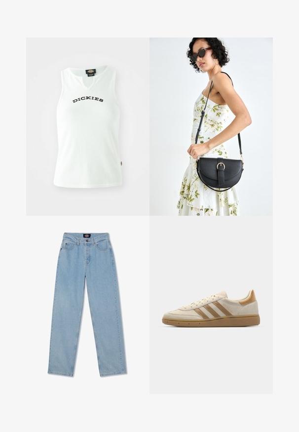 Fehér bordázott trikó V-nyakkivágással, a mellrészen vastag fekete betűkkel "DICKIES" felirattal. Ujjatlan.; Világoskék farmernadrág egyenes szabással, öt zsebbel, gombos záródással és diszkrét koptatással az elején.; Beige velúr sportcipő világosbarna részletekkel. Három barna csíkkal, texturált gumitalppal és lekerekített orrkivágással rendelkezik.; Fekete bőrtáska ívelt formával, levehető pánttal és arany színű fémrészekkel. A táskán egy csattal díszített fedél található.