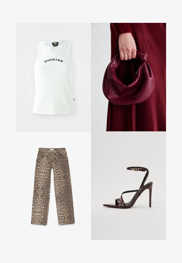 Balta šonkaidžių tank top marškinėliai su V formos iškirpte, ant krūtinės esantis žodis "DICKIES" parašytas ryškiomis juodomis raidėmis. Be rankovių.; Leopardų rašto džinsai, pasitelkiantys neutralią smėlinę ir rudą spalvų paletę, tiesaus kirpimo dizainą ir tradicinius kišenių detales.; Burgundiško lakinės odos aukštakulniai sandalai su kulkšnies dirželiu, smailiu priekiniu kraštu ir trimis horizontaliomis juostelėmis per pėdą. Auksinės spalvos sagties detalė.; Bordo odinė rankinė su minkštu, susiraukšlėjusiu dizainu ir apvalia forma. Rankena yra tvirtai pritvirtinta, atskleidžianti lygią tekstūrą.