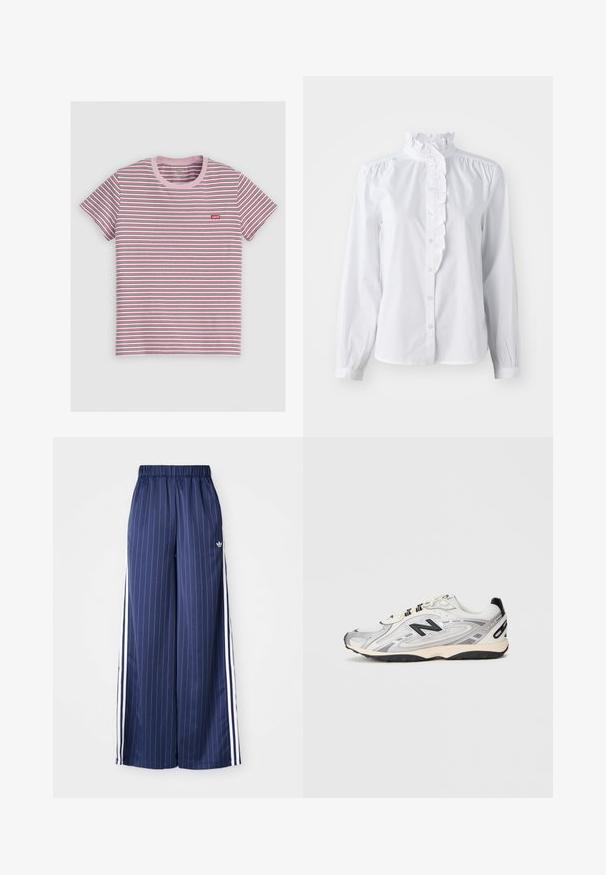 Črtasta kratkosleeve majica v roza, rdeči in modri barvi. Ima roza rebrast ovratnik in majhen rdeč logo na levem prsnem delu. Material je mešanica bombaža.; Bela srajca z dolgimi rokavi, z nabranim visokim ovratnikom in vertikalnim nabranim okrasom spredaj. Lahka bombažna tkanina.; Temno modri široki hlače z navpičnimi belimi črtami, elastičen pas in tri bele črte ob strani, izdelane iz lahkega materiala.; Sive in bele športne čevlje z zaobljenim prstom, iz mrežaste in sintetične snovi, črnimi poudarki in texturirano gumijasto podplatom.