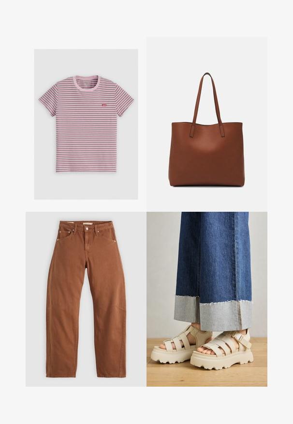 Pruhované tričko s krátkym rukávom v ružovej, červenej a modrej farbe. Obsahuje ružový rebrovaný okraj okolo krku a malé červené logo na ľavej hrudi. Zmes bavlny.; Hnedohnedé rovné džínsy so prednými a zadnými vreckami, kovovými nýtmi, zapínaním na gombík a pútkami na opasok, položené na bielom pozadí.; Béžové platformové sandále s hrubými podrážkami majú pruhovaný dizajn a nastaviteľné popruhy okolo členka. Nosené sú s džínsovými nohavicami s širokými nohavicami, pri ktorých je jeden lem rozstrapkaný.; Hnedá kožená taška na rameno s hladkou textúrou, otvoreným vrchom a dvoma ramenými popruhmi. Má minimálne šitia a žiadne viditeľné kovania.