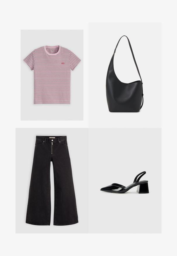 Stripete t-skjorte med korte ermer i rosa, rødt og blått. Har en rosa ribbestrikket rund hals og en liten rød logo på venstre bryst. Laget av en bomullsblanding.; Vide benbukser i sort denim med glidelås i front, fem-lomme design og subtile sømdetaljer. Glatt tekstur og avslappet stil.; Svarte patentlær slingback hæler med spiss tå og geometrisk blokk hæl. Har et stilrent, minimalistisk design og jevn tekstur.; Svart lær hobo-veske med glatt tekstur, buet form og enkelt justerbart stropp; har en bred åpning på toppen.