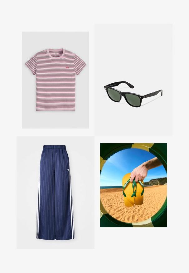 Randig t-shirt med kort ärm i rosa, röd och blå. Har en rosa ribbad rund hals och en liten röd logotyp på vänster bröst. Tillverkat av bomullsblandning.; Mörkblå byxor med vida ben och vertikala vita ränder, elastisk midja och tre vita ränder längs varje sida, tillverkade av ett lätt material.; Gula flip-flops med gröna remmar och texturerade sulor hålls av en hand, sett genom en cirkulär ram mot en strandbakgrund.; Svarta plastsolglasögon med gröna linser, fyrkantiga bågar, silverdetalj på ögonbrynet och texturerade skalmar. Angiven märkning på den inre skalmen.