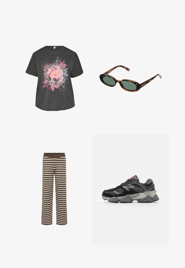 T-shirt gris à manches courtes avec un imprimé floral et géométrique en rose et bleu, avec des détails de tâches, fabriqué en tissu en coton doux.; Pantalons larges à rayures marron et blanches, fabriqués dans un tissu doux et texturé avec une taille haute élastique et une coupe décontractée.; Baskets noires et grises avec un mélange de matériaux en daim et en maille, semelle épaisse, logo proéminent et accent rouge sur la languette.; Lunettes de soleil en écaille de tortue avec des montures ovales et des verres verts. Elles présentent des branches fines avec un accent métallique près des charnières.