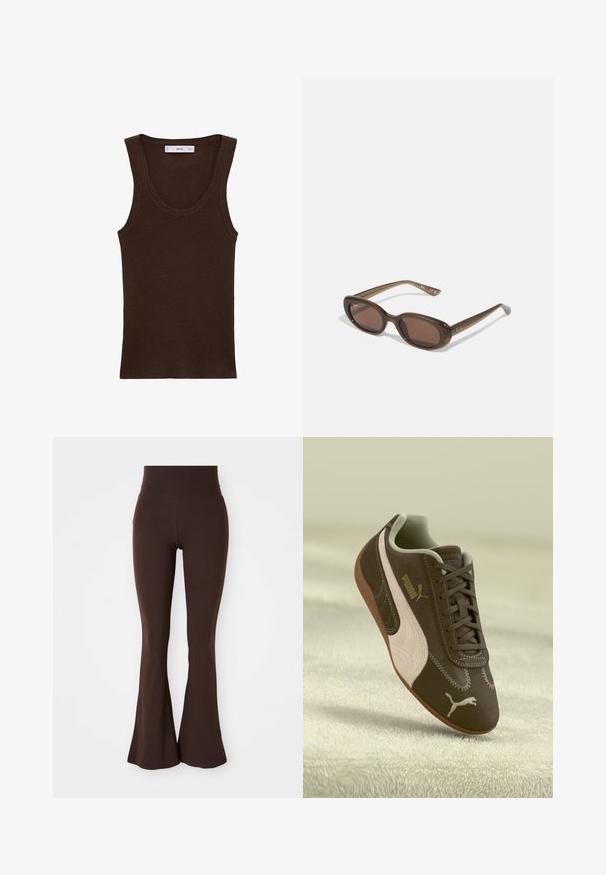 Mango RIRIN - Top - brown; Brown flared leggings made from soft, stretchy fabric, featuring a high waistband and a fitted silhouette that flares at the ankle.; Brown Puma sneaker with beige stripe and logo, laced, resting on a textured beige surface.; Brown oval sunglasses with dark lenses. Frame has a transparent brown material and features a logo printed on the temples.; Woven beige tote bag with a slouchy design and a single shoulder strap. Features a textured pattern throughout the surface.