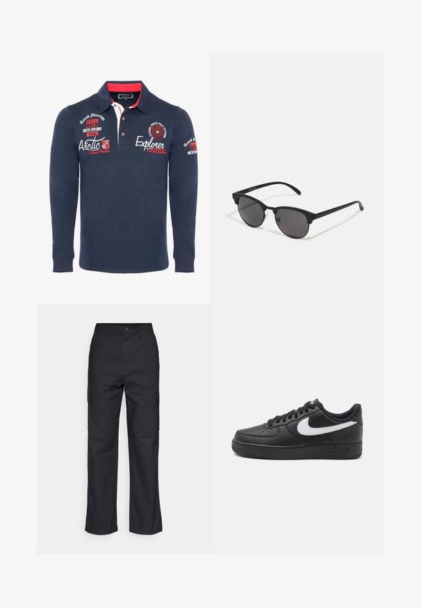 Tamsiai mėlynas džemperis su ilgomis rankovėmis, pagamintas iš medvilnės, su apykakle, raudonais akcentais ir siuvinėtais tekstais bei grafikomis ant krūtinės ir rankovių.; Juodos krovinių kelnės su tiesiais įpjovimais, turinčios šonines kišenes ir tekstūruotą audinį. Mygtukų uždarymas juosmens srityje, kad būtų tvirtas prilaikymas.; Juodi Nike Air Force 1 sportbačiai su lygia odine viršutine dalimi, balta logotipo akcentu, perforuota nosimi ir tekstūruotu guminio pado.; Juodos saulės akinių su apvaliais lęšiais, matinio paviršiaus ir išskirtinės katės akies formos. Šlauni rankenos su subtilia ženklinimo detale kairėje šventykloje.