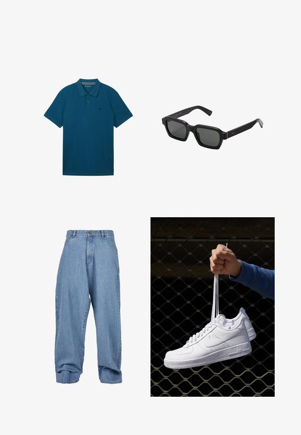 Turkoosi polo-paita, joka on puuvillaa ja jossa on kaulus, kolme nappia, lyhyet hihat sekä pieni logo vasemmassa rinnassa.; Vaaleansiniset denim-housut, joissa on löysä istuvuus, nappisulku, etutaskut ja käänteet lahkeissa, klassinen viiden taskun muotoilu.; Valkoiset nahkasneakersit, joissa on rei'ityksiä, pyöreä kärki, tasapohja ja paksut nauhat, joissa on näkyvä swoosh-logo ja "AIR" kantapäässä.; Mustat, neliönmuotoiset aurinkolasit harmailla linsseillä. Paksuista muovikehyksistä löytyy kultaisia yksityiskohtia ja brändäystä temppeleissä. Sileä pinta.