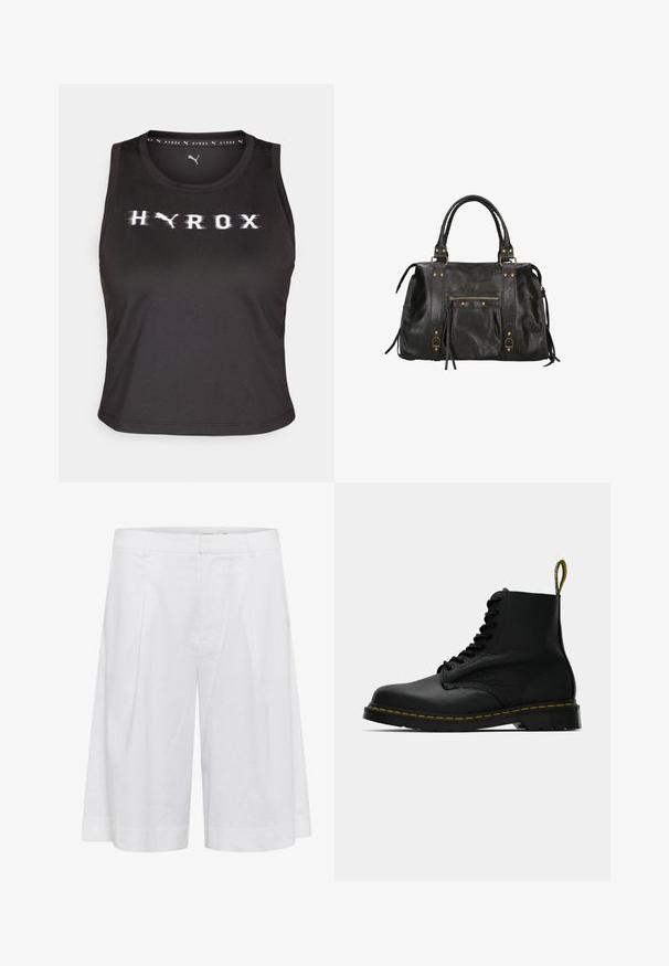 Zwart mouwloos crop top van gladde stof, met een witte vervormde "HYROX"-logo over de voorkant en een ronde halslijn.; Witte linnen shorts met een losse pasvorm, voorzien van een wijde pijpdesign, plooien aan de voorkant en een gladde textuur voor ademend vermogen.; Zwarte leren veterschoen tot de enkel met gele stiksels op de zool en een merklabel aan de hak, zijaanzicht op een effen achtergrond.; Zwarte leren handtas met dubbele bovenhandvatten, een ritszak aan de voorkant en accenten van goudkleurig metaal. Textuur oppervlak met zijtassels.