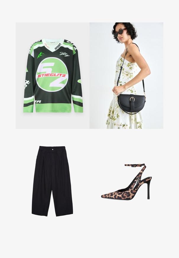 Zelený a černý dlouhý rukáv dres s kruhovým logem, výraznou bílou a červenou grafikou a výstřihem ve tvaru V. Vyroben z prodyšného materiálu.; Černé polyesterové culotte kalhoty s elastickým pasem, dvěma předními sklady a volným siluetou. Žádné viditelné vzory ani kovové detaily.; Lodičky na vysokém podpatku se zvířecím vzorem, špičatou špicí, otevřenou stranou a nastavitelným páskem kolem kotníku. Vyrobeno z textilu, s černou podrážkou.; Černá kožená kabelka s křivkovým tvarem, odnímatelným popruhem a zlatými detaily. Kabelka má klopu s přezkou.
