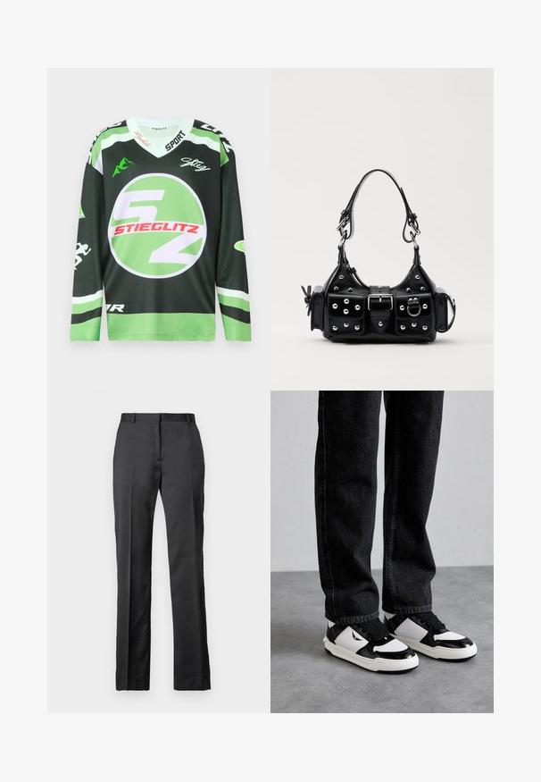 Grön och svart långärmad tröja med cirkulär logotyp, djärva vita och röda grafiker, och v-ringad design. Tillverkad av andningsbart material.; Skräddarsydda svarta byxor i en slät tyg. Har rak bendesign, platt fram och subtila veckdetaljer.; Svarta denimjeans i kombination med vita och svarta sneakers med en strukturerad finish, framträdande snörning och en logodetalj på sidan.; Svart läderhandväska med en kurvad design, prydd med silverfärgade nitar, ett spänne och två sidofickor. Justerbar rem för olika bäralternativ.