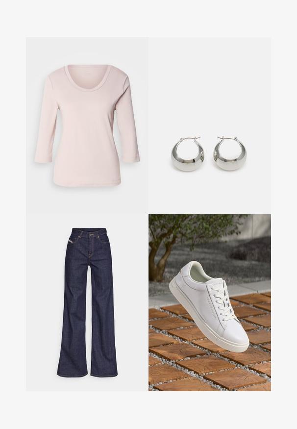 Light pink, long-sleeve shirt with a scoop neckline. Made from soft fabric, featuring stitched detailing along the neckline and sleeve edges.; Dark blue wide-leg jeans in denim fabric with a high waist, featuring orange stitching, five-pocket design, and a button closure.; White leather sneaker with textured accents, flat laces, and a minimalistic design. Features subtle branding on the side.; Silver metal hoop earrings with a smooth, shiny surface and a structured, rounded design. Features a hinged clasp for secure wear.