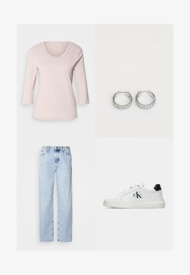 Camicia rosa chiaro a maniche lunghe con scollo rotondo. Realizzata in tessuto morbido, presenta dettagli cuciti lungo il colletto e i bordi delle maniche.; Jeans a gamba larga di un blu chiaro, realizzati in denim, con vita alta, lavaggio sbiadito e un sottile motivo tie-dye sulla parte anteriore.; Sneaker bassa bianca con tassello nero sul tallone, suola a piattaforma, lacci e logo "CK" di Calvin Klein sul lato.; Orecchini a cerchio in argento con un design testurizzato caratterizzato da scanalature verticali. Forma circolare con una chiusura a scatto sicura. Finitura liscia.