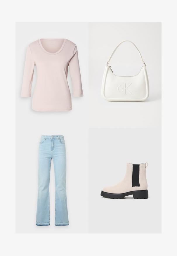 Gaiši rozā, ar garām piedurknēm, krekls ar iegriezumu ap kaklu. Izgatavots no mīksta auduma, ar šūtu apdari ap kakla un piedurkņu malām.; Gai zilgani zvīles, kas izgatavotas no džinsa, ar augstu vidukli, priekšējām kabatām un neapstrādātu apakšmalu, nodrošinot ikdienišķu izskatu.; Bežs zamšs Čelsijas zābaks ar melnu elastīgu sānu paneli, masīvu melnu zoli unvilkšanas cilpu pie potītes.; Balta ādas rokassoma ar noapaļotu formu, uz kuras priekšpuses ir izgriezts "CK" logo un viena plecu siksna. Augšā aizverama ar rāvējslēdzēju.