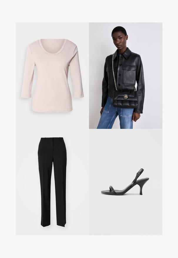 Chemise rose clair à manches longues avec un décolleté en forme de scoop. Fabriquée en tissu doux, elle présente des détails cousus le long du décolleté et des bords des manches.; Pantalon noir ajusté avec une coupe droite, présentant une texture lisse et des plis nets sur le devant. Aucune quincaillerie visible.; Sandales à talons hauts en cuir noir avec un talon fin et courbé et un design de brides croisées. Bride de cheville réglable. Texture lisse.; Veste en cuir noir avec fermeture à bouton et deux poches avant, assortie d'un sac à main matelassé noir avec un fermoir en or et une bandoulière chaîne.